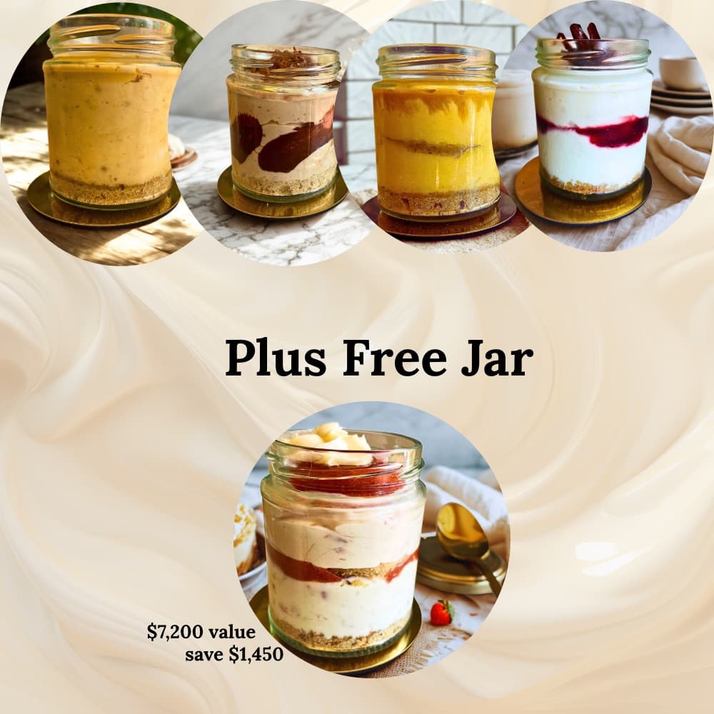 A sweet starter set with four Signature cheesecake jars + a free bonus jar. Perfect for first-timers and gifting. $7,200 value, save $1,450.