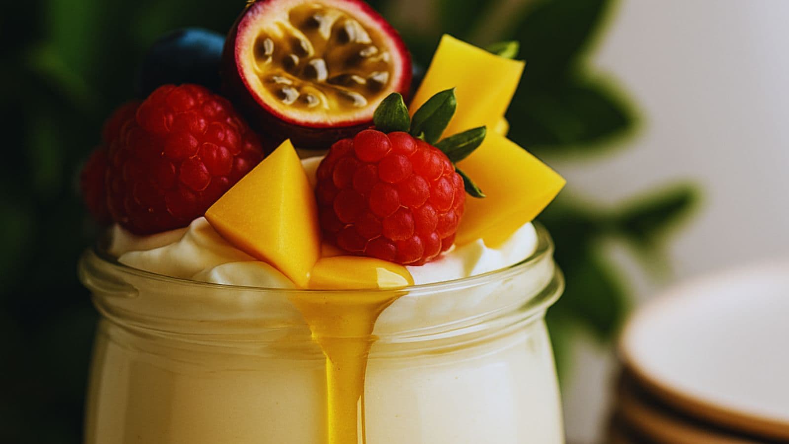 Tropical fruit topped cheesecake jar garnished with mango, raspberry and passionfruit