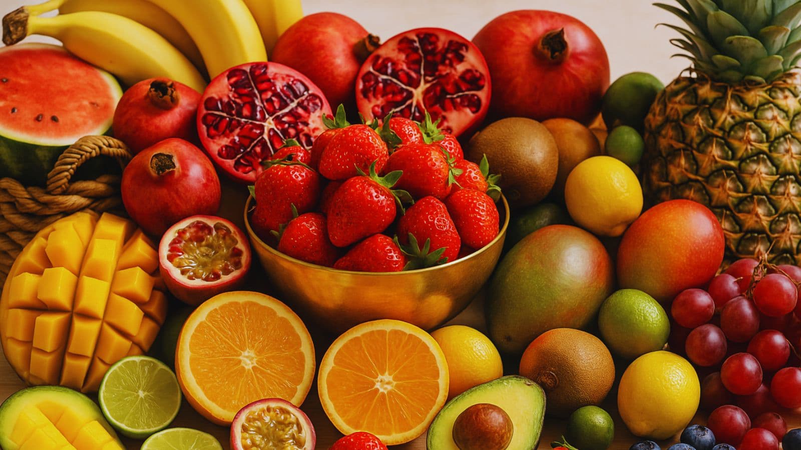 Tropical fruits including mango, citrus, pomegranate, and pineapple