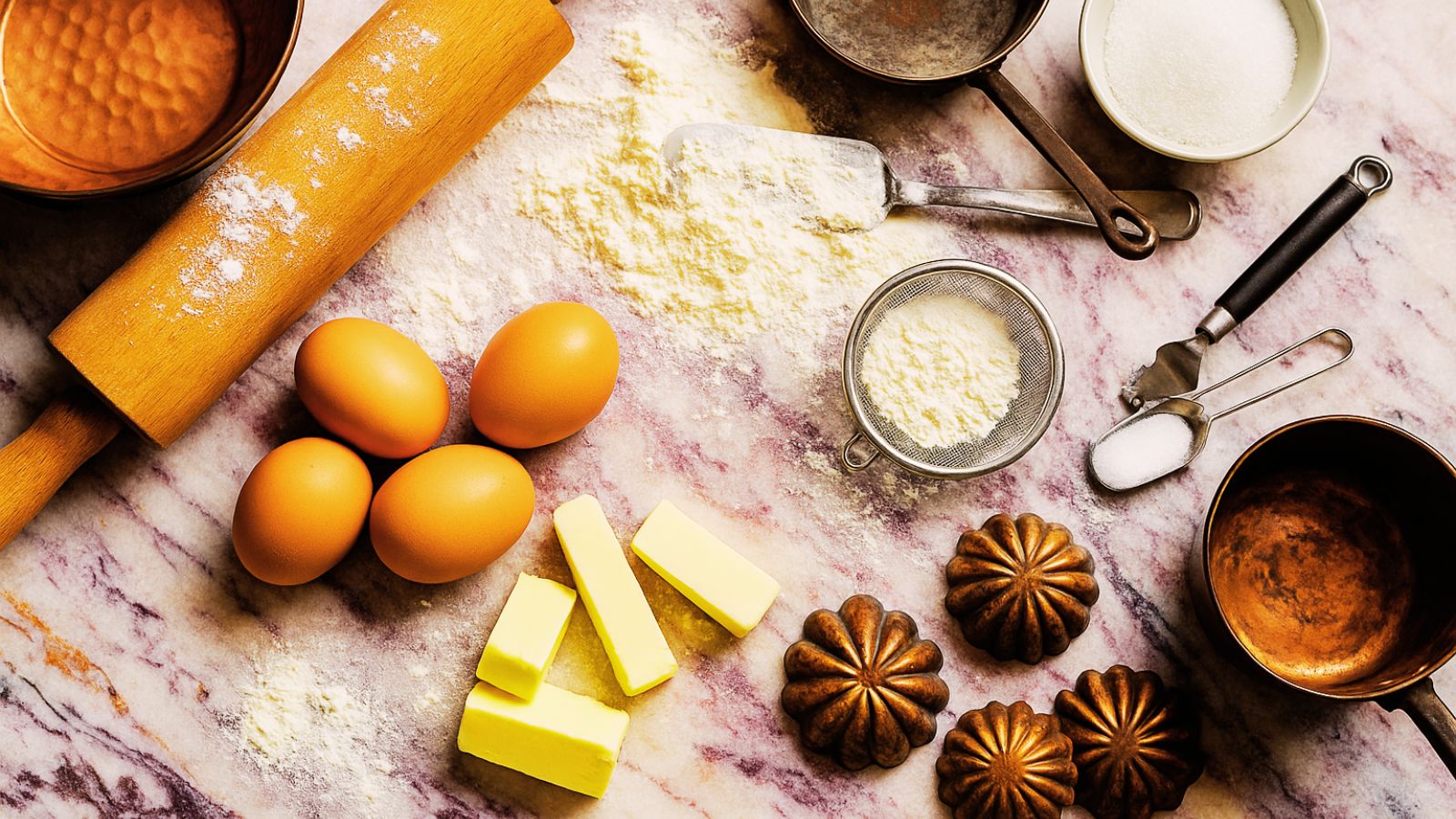 Flat lay of baking tools and ingredients — butter, eggs, flour, sugar, rolling pin, molds, and copper pot on pink marble counter. Tools of the trade at Seven Rivers Cheesecake.